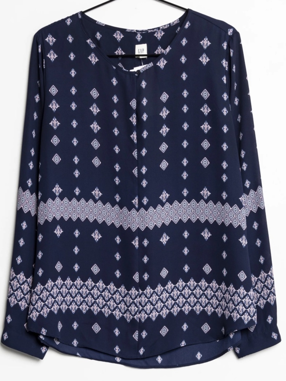 GAP Navy Blouse with Pink & White Geometric Border Print